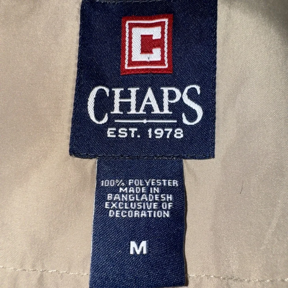 Chaps Windbreaker‎ Jacket Mens Medium Tan Navy Blue Packable Hooded Full Zip